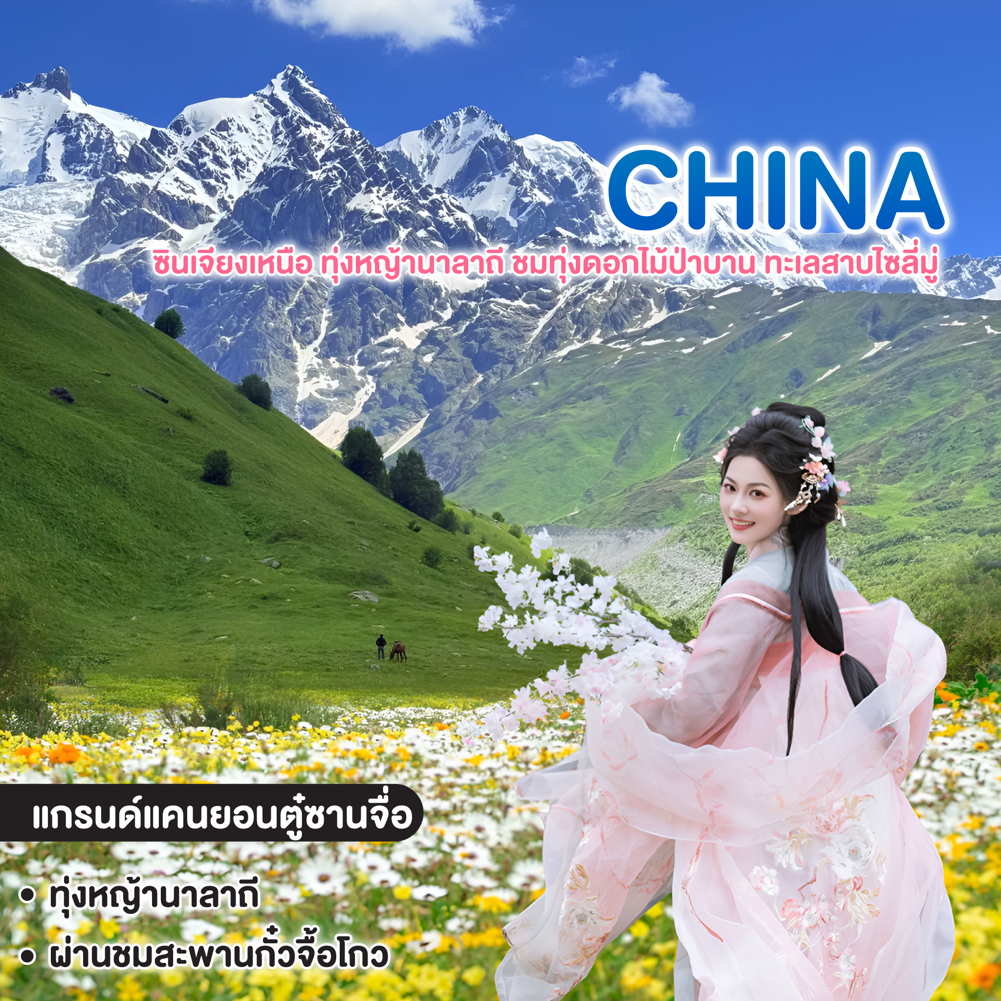 ทัวร์จีน ซินเจียงเหนือ ทุ่งหญ้านาลาถี ชมทุ่งดอกไม้ป่าบาน ทะเลสาบไซลี่มู่ ทัวร์ไม่ลงร้านช้อปปิ้ง 