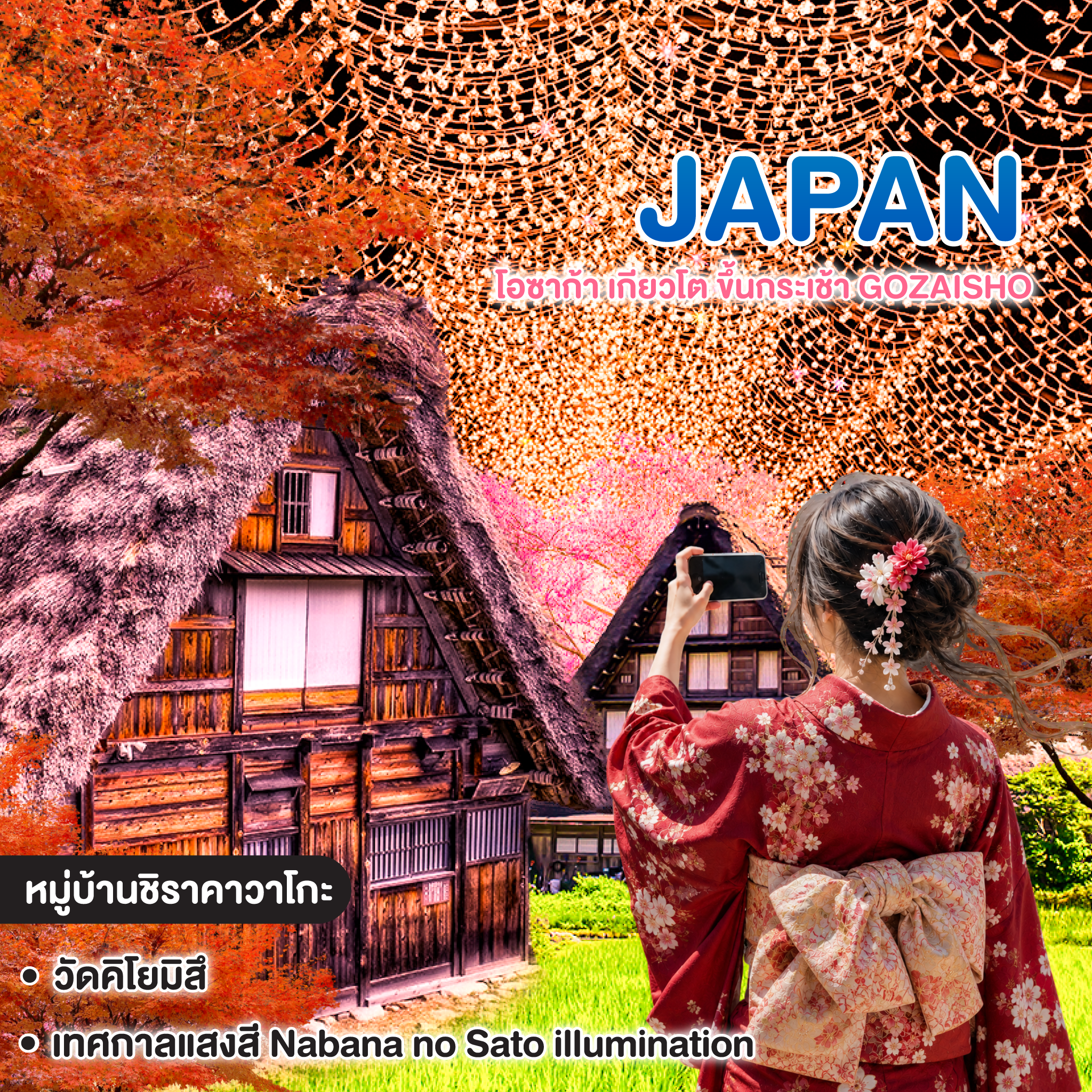 ทัวร์ญี่ปุ่น OSAKA โอซาก้า เกียวโต ขึ้นกระเช้า GOZAISHO ทาคายาม่า ชิราคาวาโกะ เทศกาลแสงสี